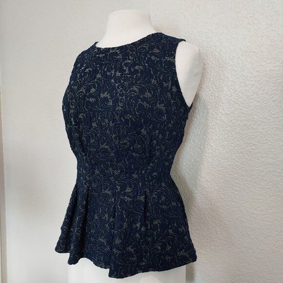 Eva Franco Navy Gold Metallic Peplum Blouse Size S - Picture 6 of 14